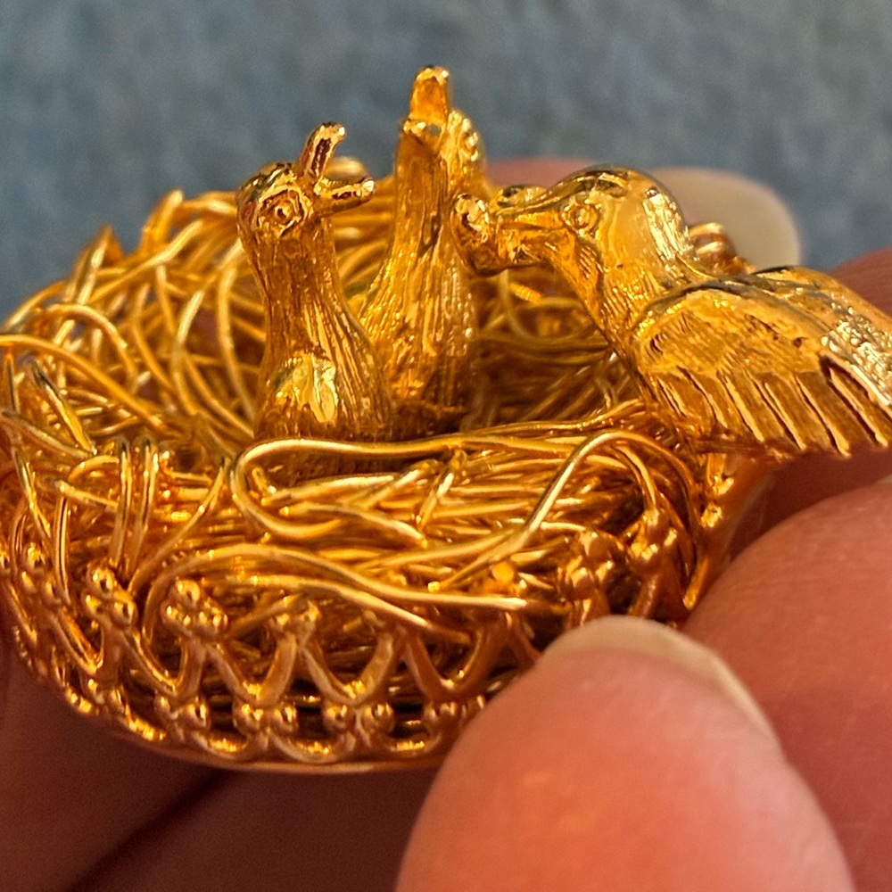 Golden Bird Nest Brooch with Intricate Design